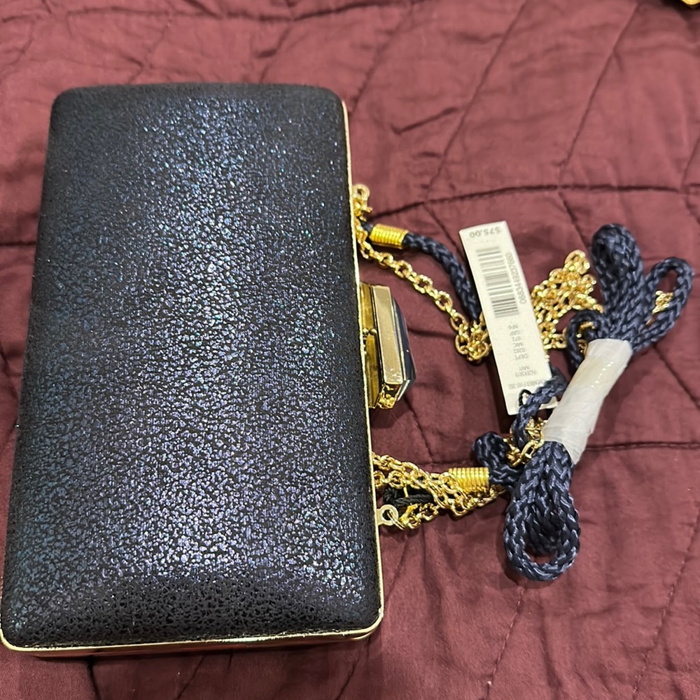 Blue metallic Kate Landry clutch with two crossbody straps